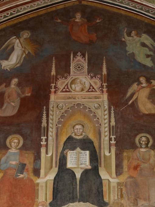 Andrea Bonaiuto/di Firenze (+1379), Triumph des hl. Thomas von Aquin, Fresko in der Spanischen Kapelle (1366), Santa Maria Novella, Florenz. – Ausschnitt: Thomas von Aquin und die Tugenden