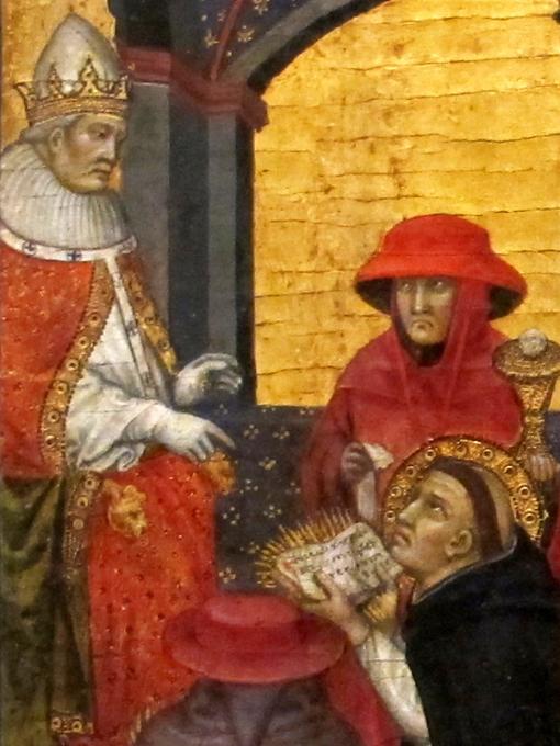Taddeo di Bartolo (1362-1422), S. Tommaso d'Aquino presenta la sua liturgia del corpus christi a Urbano IV, Gemälde (1403), Philadelphia Museum of Arts – Ausschnitt