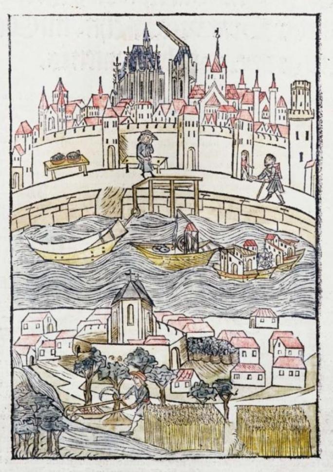 Johann Koelhoff der Jüngere († nach 1502), Ansicht der Stadt „Agrippina oder Köln“ aus der Kölnischen Chronik, gedruckt 1499 (Holzschnitt), fol. 30