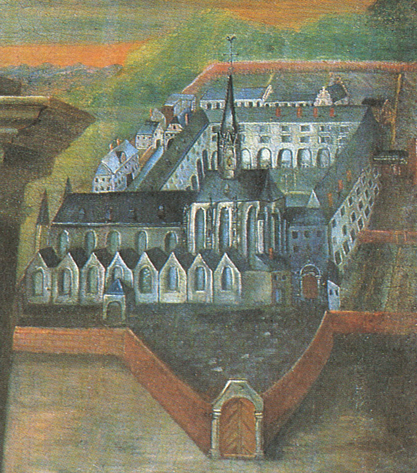 Johann Hulsmann, Albertus Magnus und das Kölner Dominikanerkloster (Köln 1664), St. Andreas, Südquerhaus: Detail: Ansicht des Klosters und der Klosterkirche