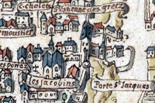 Plan de Paris dit plan de la Tapisserie ou Bonnardot (détail, porte Saint-Jacques de l'enceinte de Philippe-Auguste avec le couvent des Jacobins sur la rue Saint-Jacques)