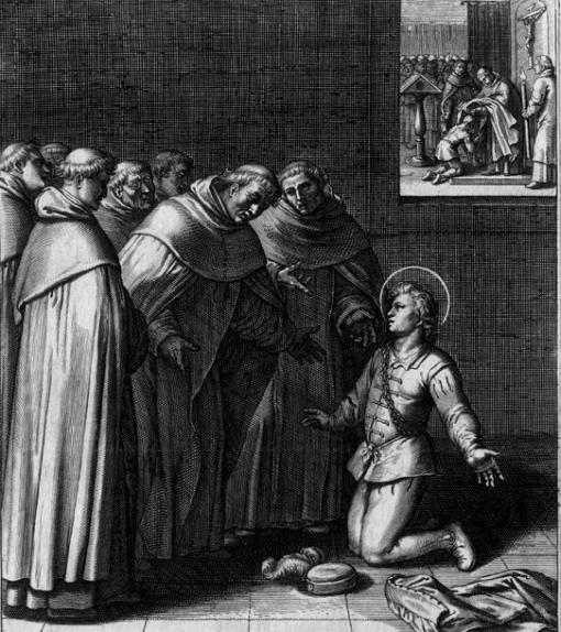 Otto van Veen (1556-1629), Vita D. Thomae Aquinatis, Antwerpen 1610, Kupferstich, S. 5: Ordenseintritt des Thomas in Neapel